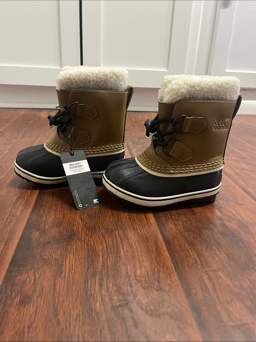 Sorel Kids Brown and Black Waterproof Snow Boots with Faux Shearling Collar